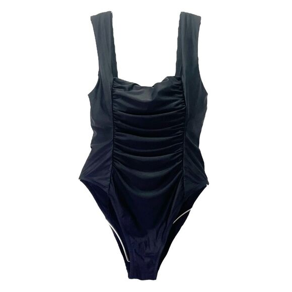 J. Crew Reimagined Square Neck One-Piece Swimsuit Black Ruched Size 14 Slimming - Picture 2 of 12